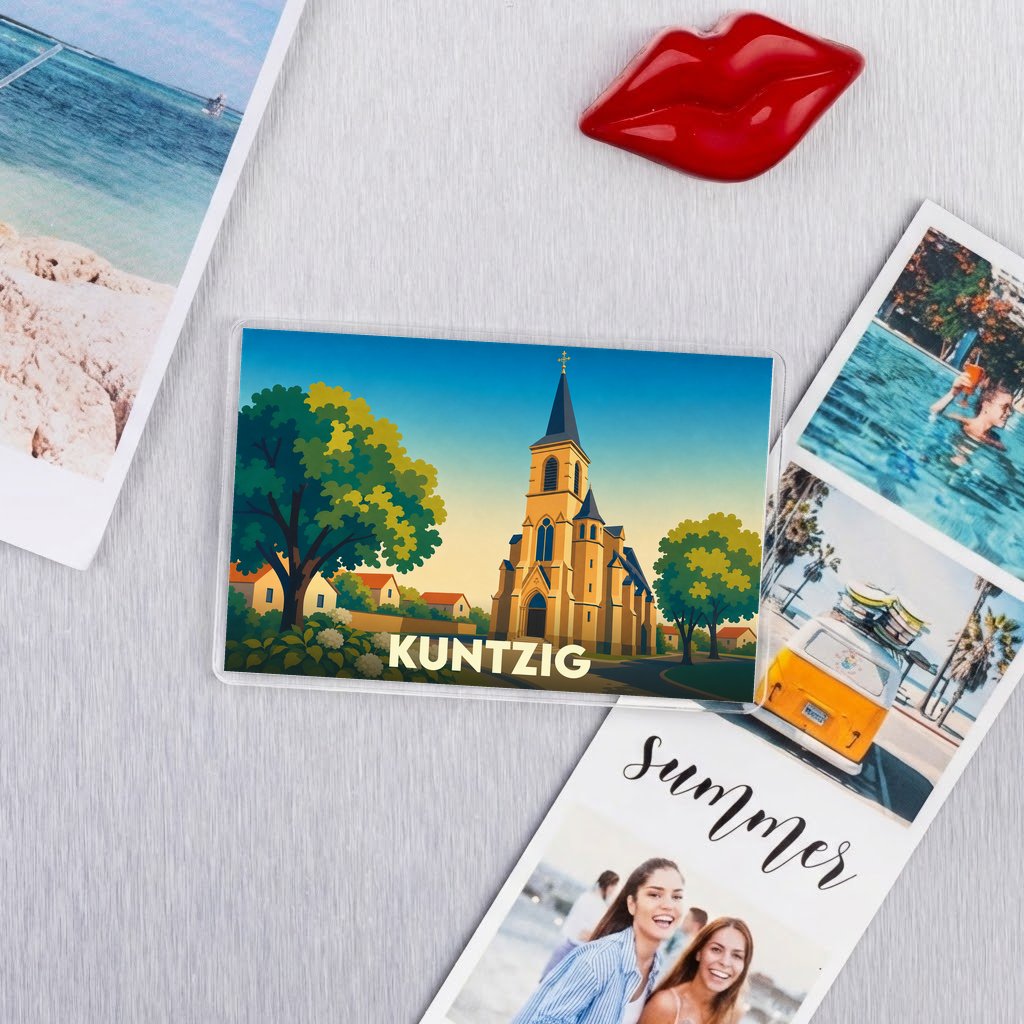 Magnet souvenir de la ville de Kuntzig avec une illustration stylisée de son église.