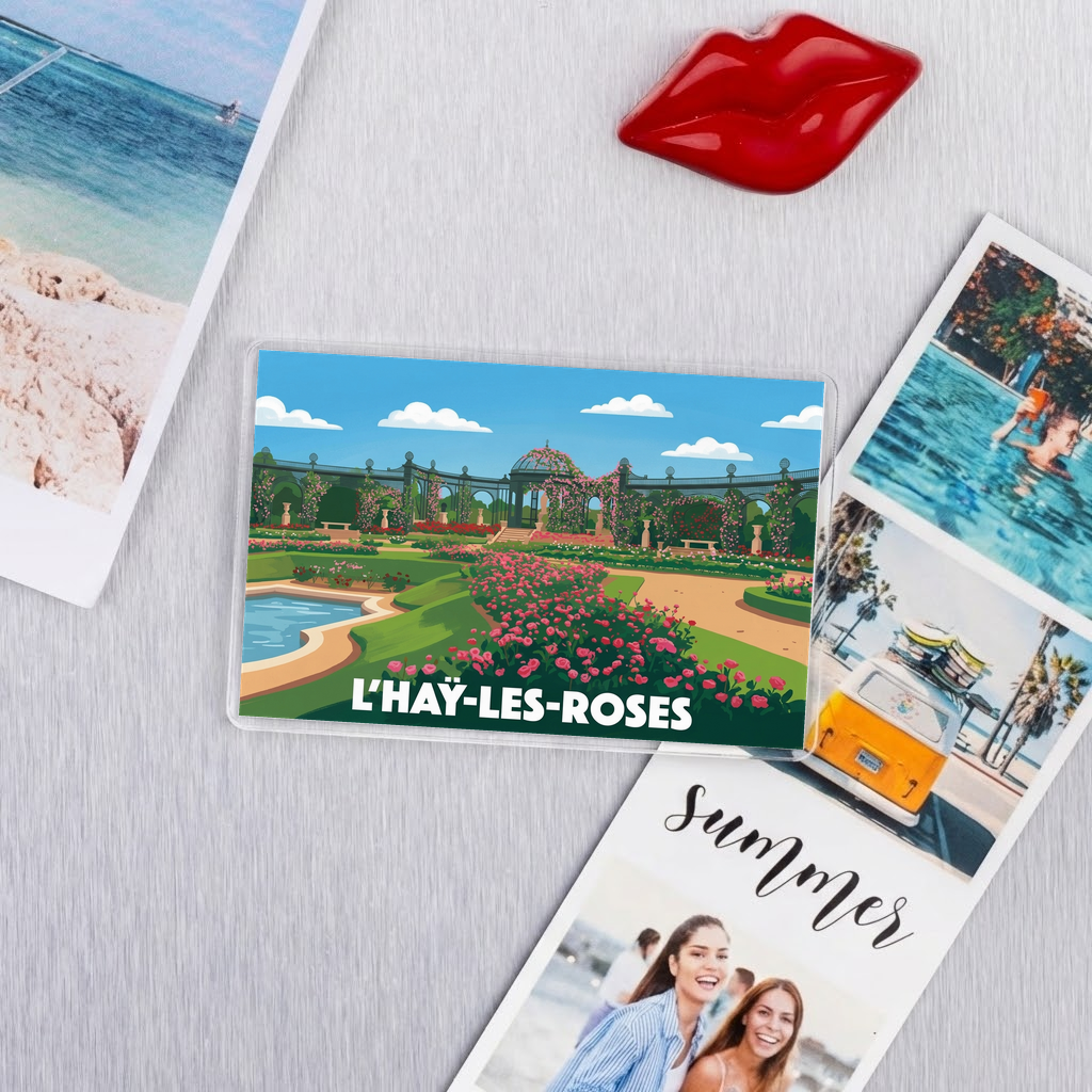 Magnet souvenir de la ville de L'Haÿ-les-Roses avec une illustration stylisée de sa célèbre roseraie.