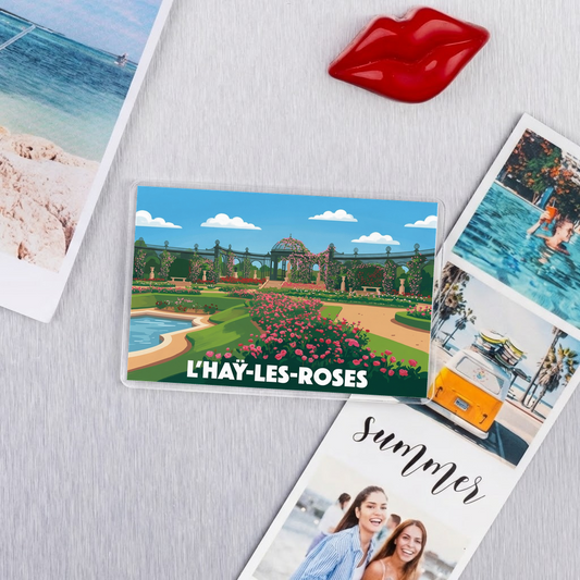 Magnet souvenir de la ville de L'Haÿ-les-Roses avec une illustration stylisée de sa célèbre roseraie.