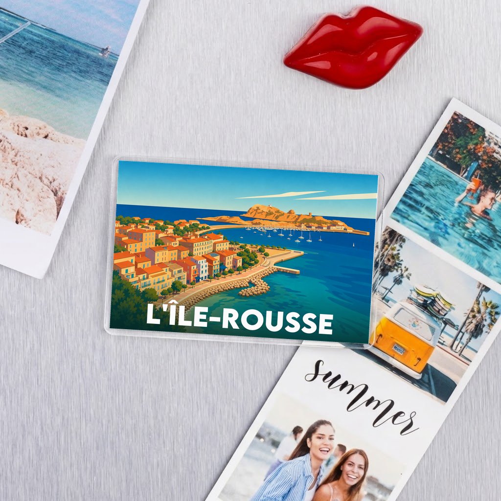 Magnet souvenir de la ville de L'Île-Rousse avec une illustration stylisée.