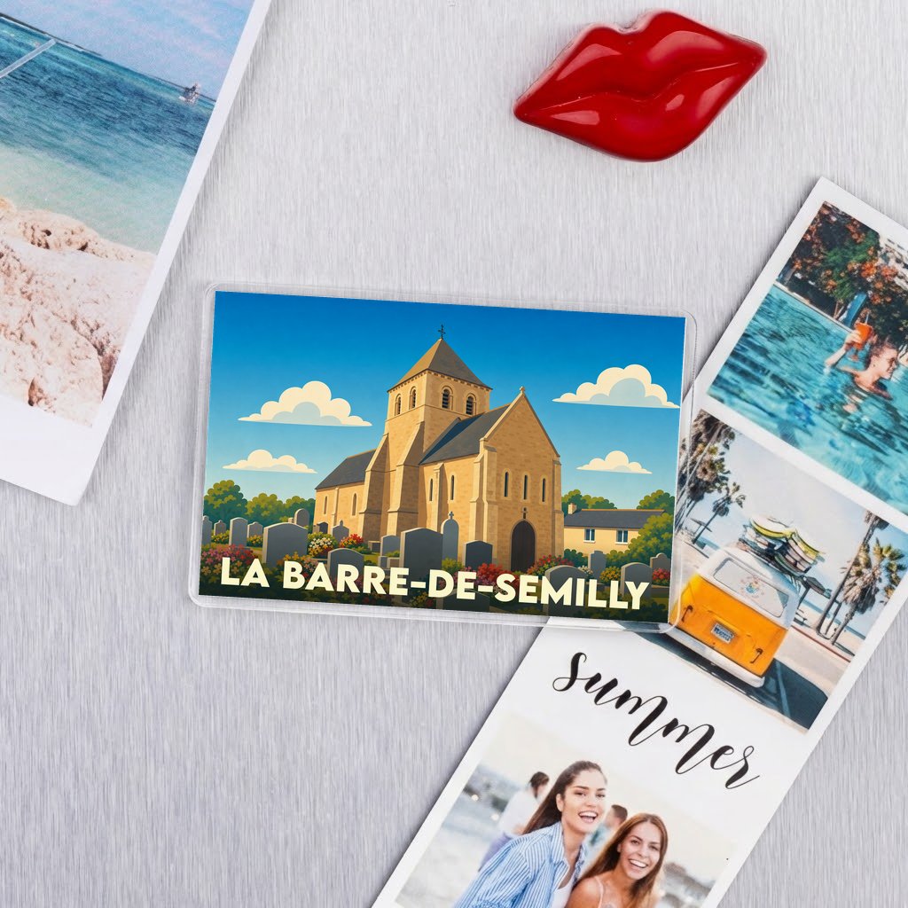 Magnet souvenir de la ville de La Barre-de-Semilly avec une illustration stylisée de son église.