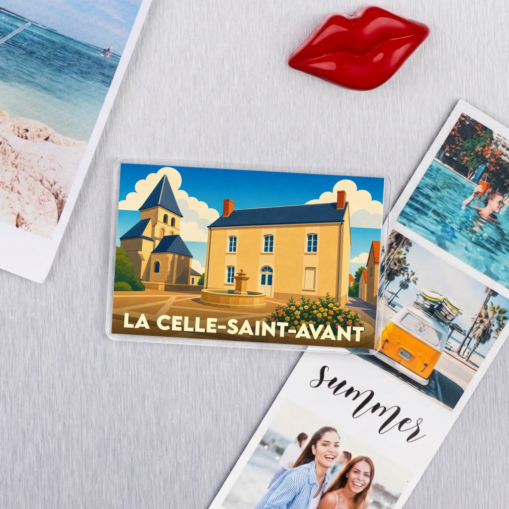 Magnet souvenir de la ville de La Celle-Saint-Avant avec une illustration stylisée.