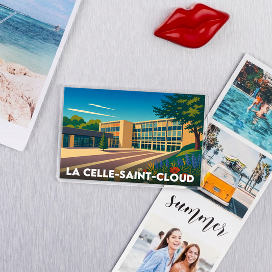 Magnet souvenir de la ville de La Celle-Saint-Cloud avec une illustration stylisée d'un bâtiment moderne.