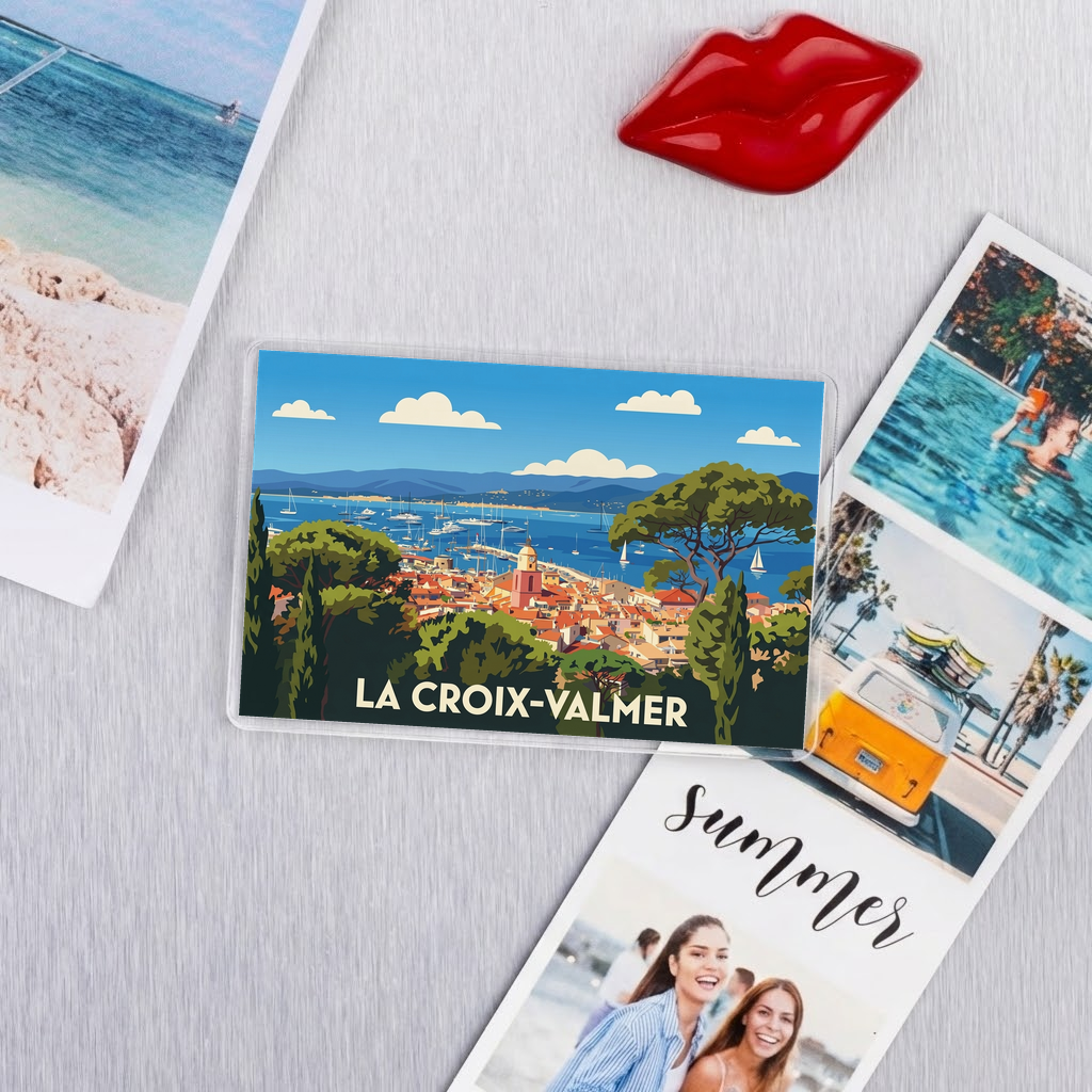 Magnet souvenir de la ville de La Croix-Valmer avec une illustration stylisée.
