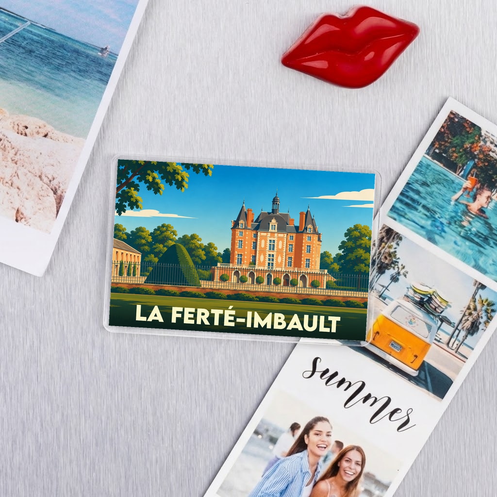 Magnet souvenir de la ville de La Ferté-Imbault avec une illustration stylisée du château local.