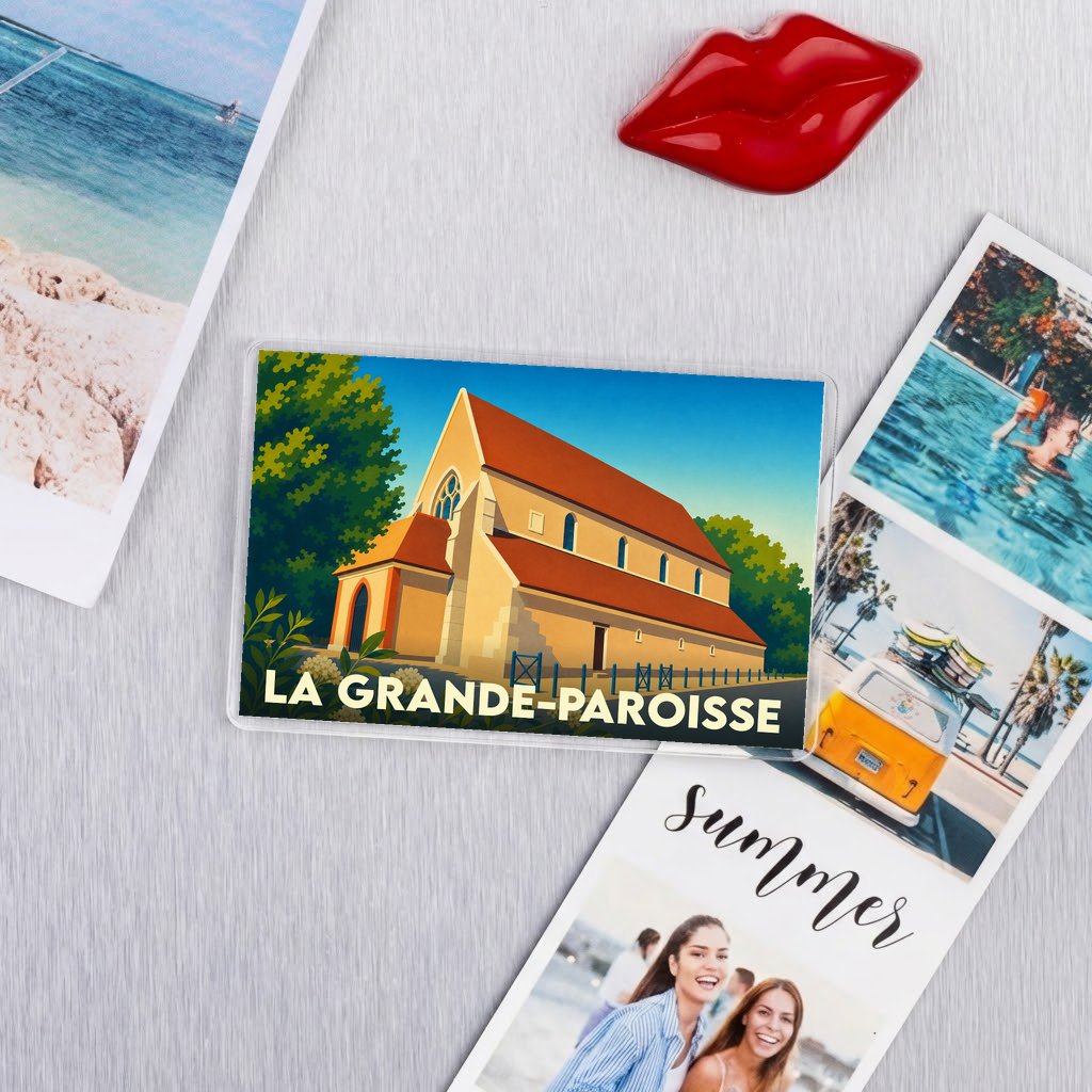Magnet souvenir de la ville de La Grande-Paroisse avec une illustration stylisée de son église.