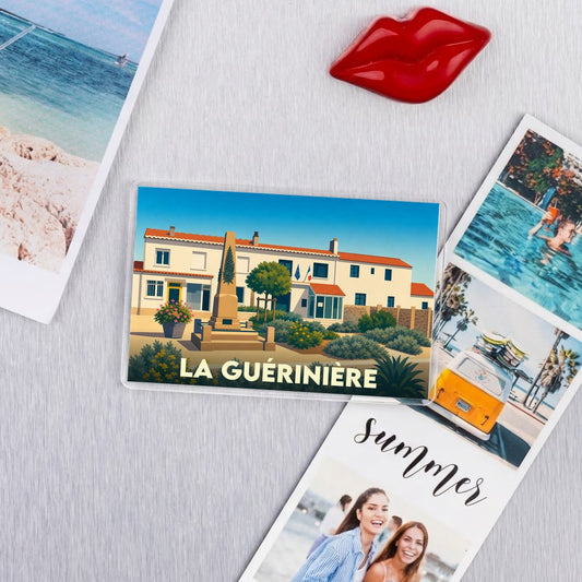 Magnet souvenir de la ville de La Guérinière avec une illustration stylisée.