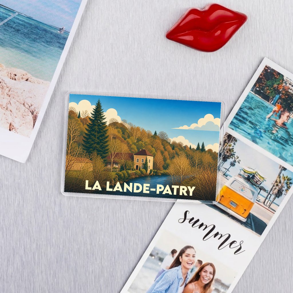 Magnat souvenir de la ville de La Lande-Patry avec une illustration paysagère stylisée.
