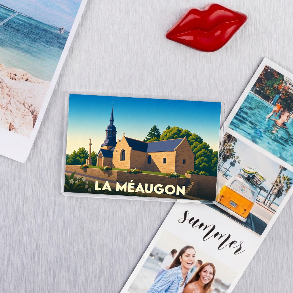 Magnet souvenir de la ville de La Méaugon avec une illustration stylisée de son église.