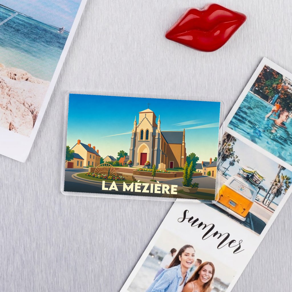 Magnet souvenir de la ville de La Mézière avec une illustration stylisée de son église.