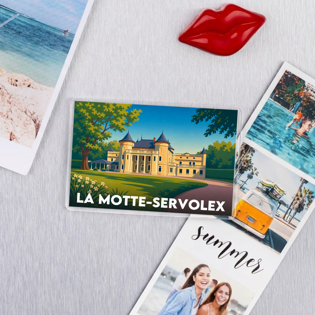 Magnet souvenir de la ville de La Motte-Servolex avec une illustration stylisée d'un château.