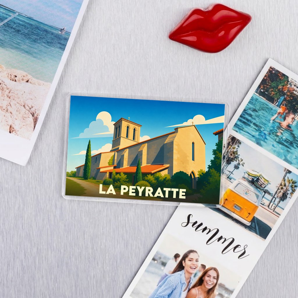 Magnet souvenir de la ville de La Peyratte avec une illustration stylisée d'une église.