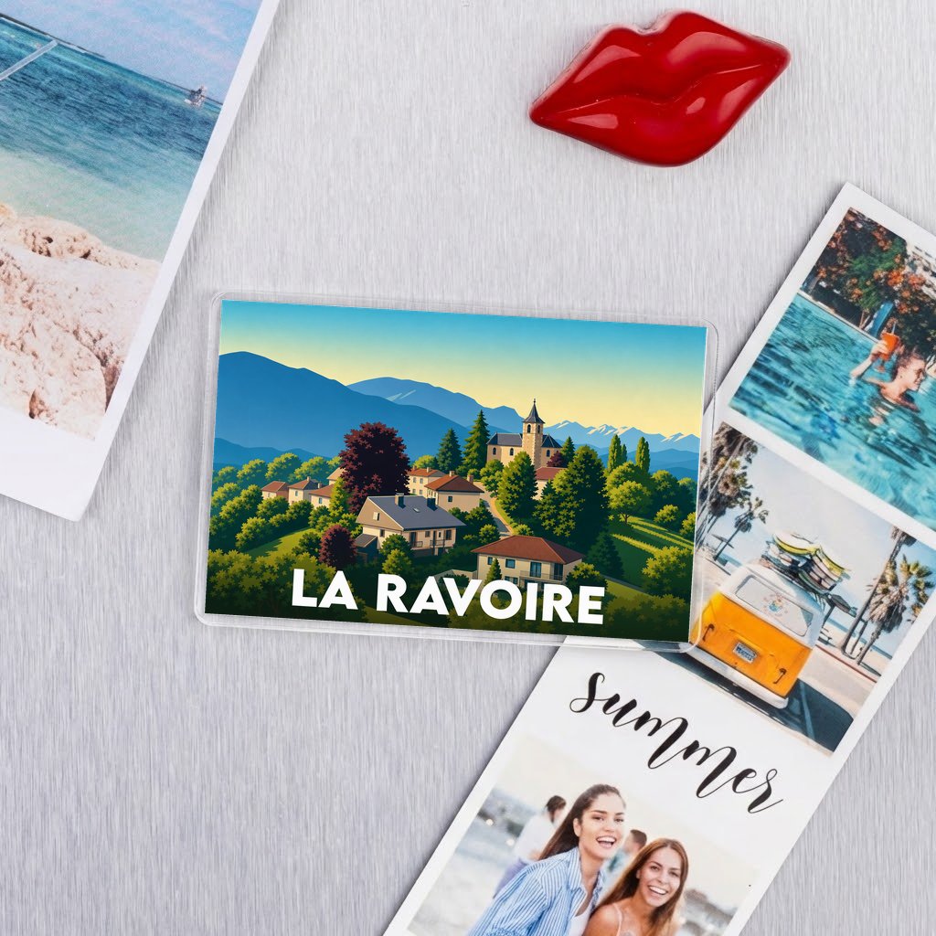 Magnet souvenir de la ville de La Ravoire avec une illustration stylisée de style vintage.