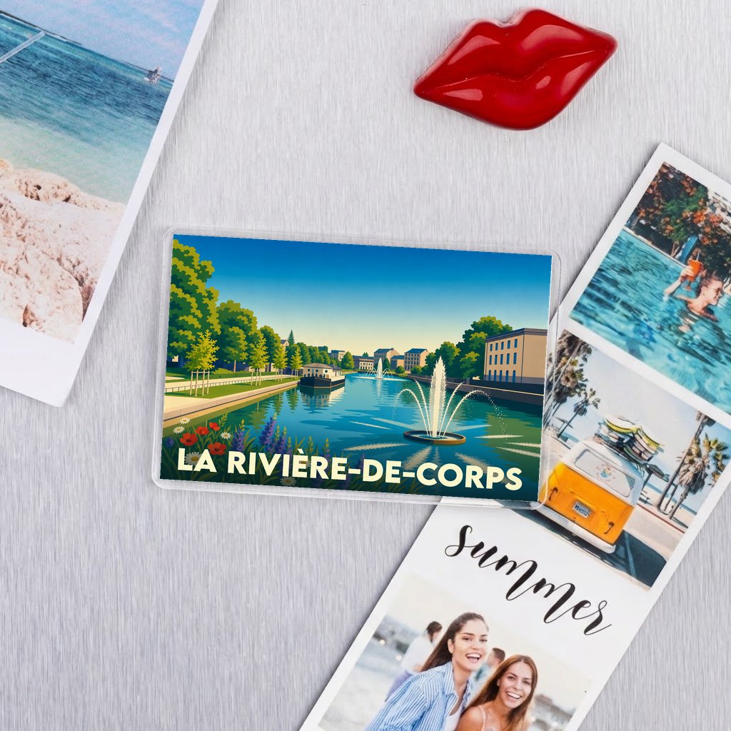 Magnet souvenir de la ville de La Rivière-de-Corps avec une illustration stylisée de ses bords de l'eau.