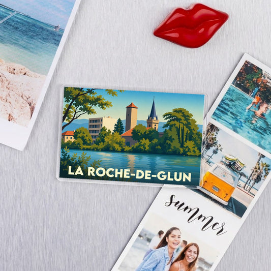 Magnet souvenir de la ville de La Roche-de-Glun avec une illustration stylisée.