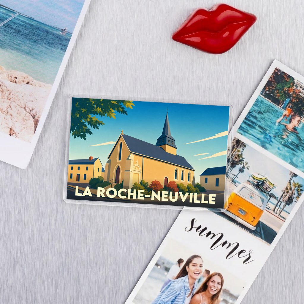 Magnet souvenir de la ville de La Roche-Neuville avec une illustration stylisée de son église.