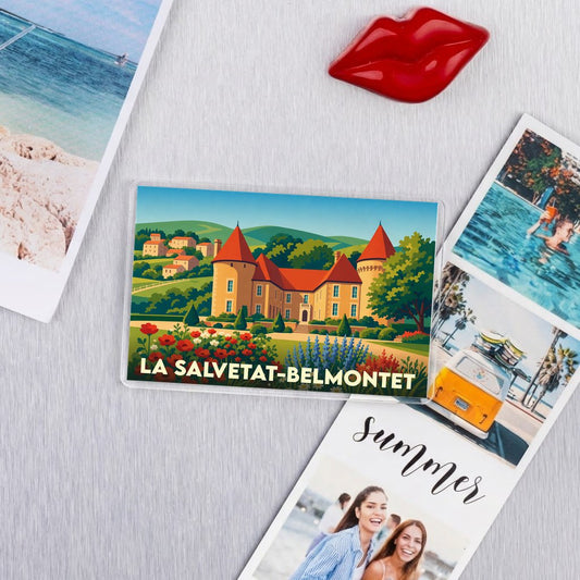Magnet souvenir de la ville de La Salvetat-Belmontet avec une illustration stylisée d'un château.