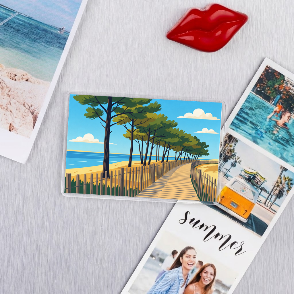 Magnet souvenir de la ville de La Teste-de-Buch avec une illustration stylisée d'un sentier littoral bordé de pins.