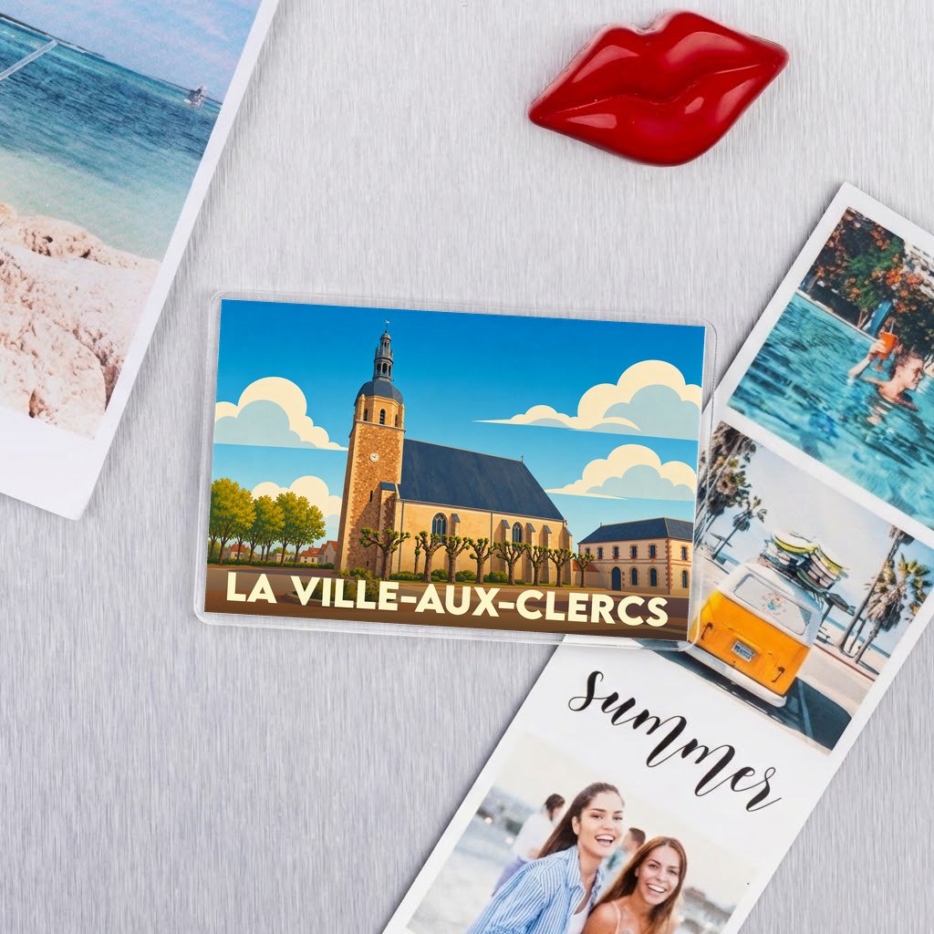 Magnet souvenir de La Ville-aux-Clercs avec une illustration stylisée de son église.