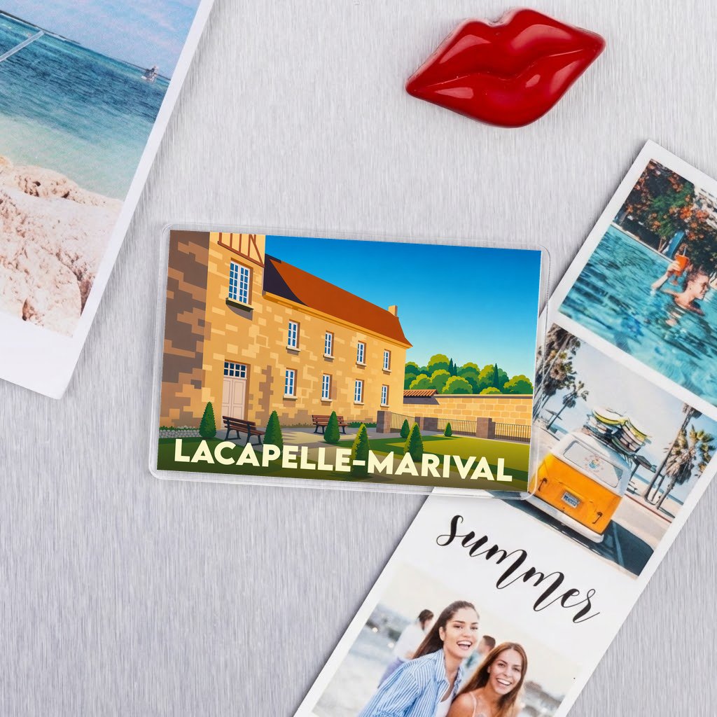 Magnet souvenir de la ville de Lacapelle-Marival avec une illustration stylisée de son patrimoine.