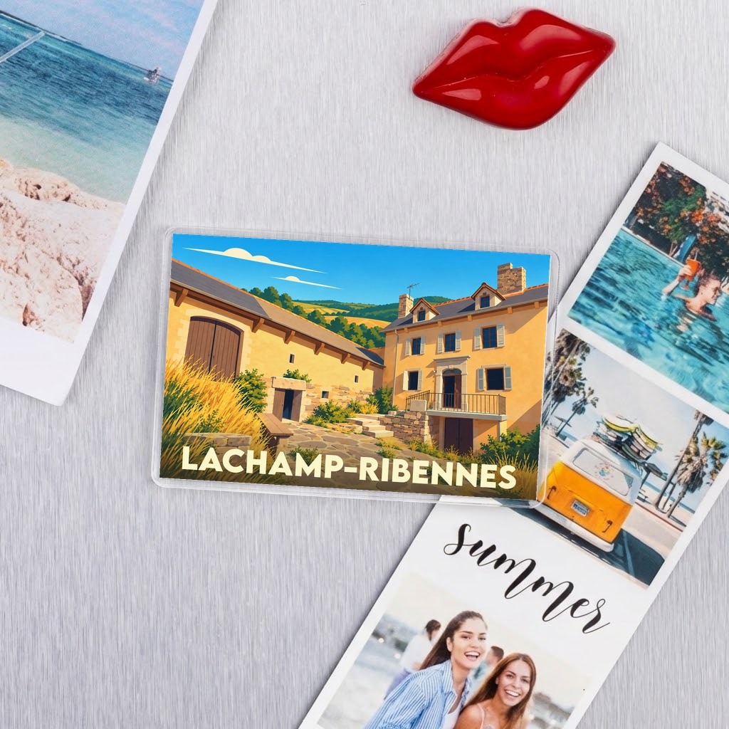 Magnet souvenir de la ville de Lachamp-Ribennes avec une illustration stylisée.