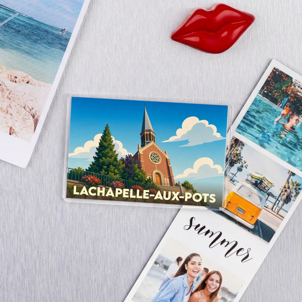 Magnet souvenir de la ville de Lachapelle-aux-Pots avec une illustration stylisée de son église.