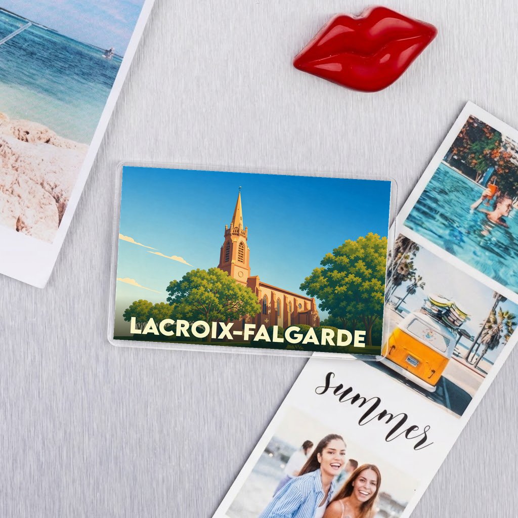 Magnet souvenir de la ville de Lacroix-Falgarde illustré d'une église stylisée sous un ciel bleu.