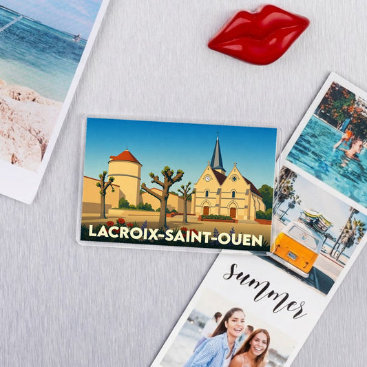 Magnet souvenir de Lacroix-Saint-Ouen avec une illustration stylisée de son église et de ses bâtiments historiques.