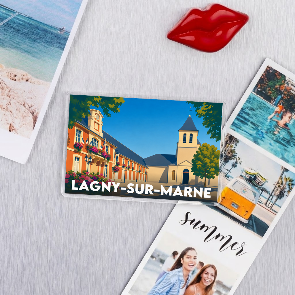 Magnet souvenir de la ville de Lagny-sur-Marne avec une illustration stylisée de son patrimoine architectural.