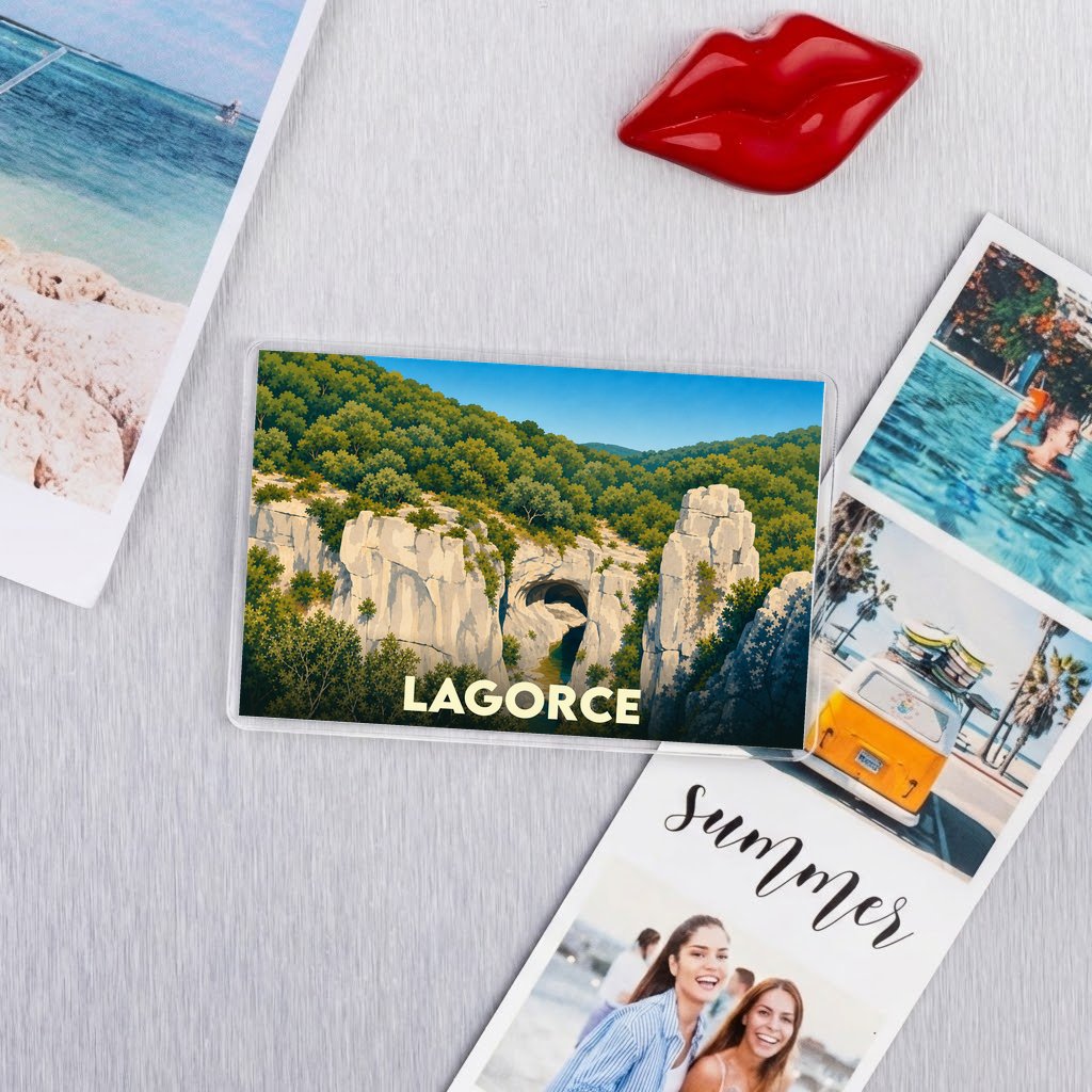 Magnet souvenir de la ville de Lagorce avec une illustration stylisée d'un paysage rocheux.