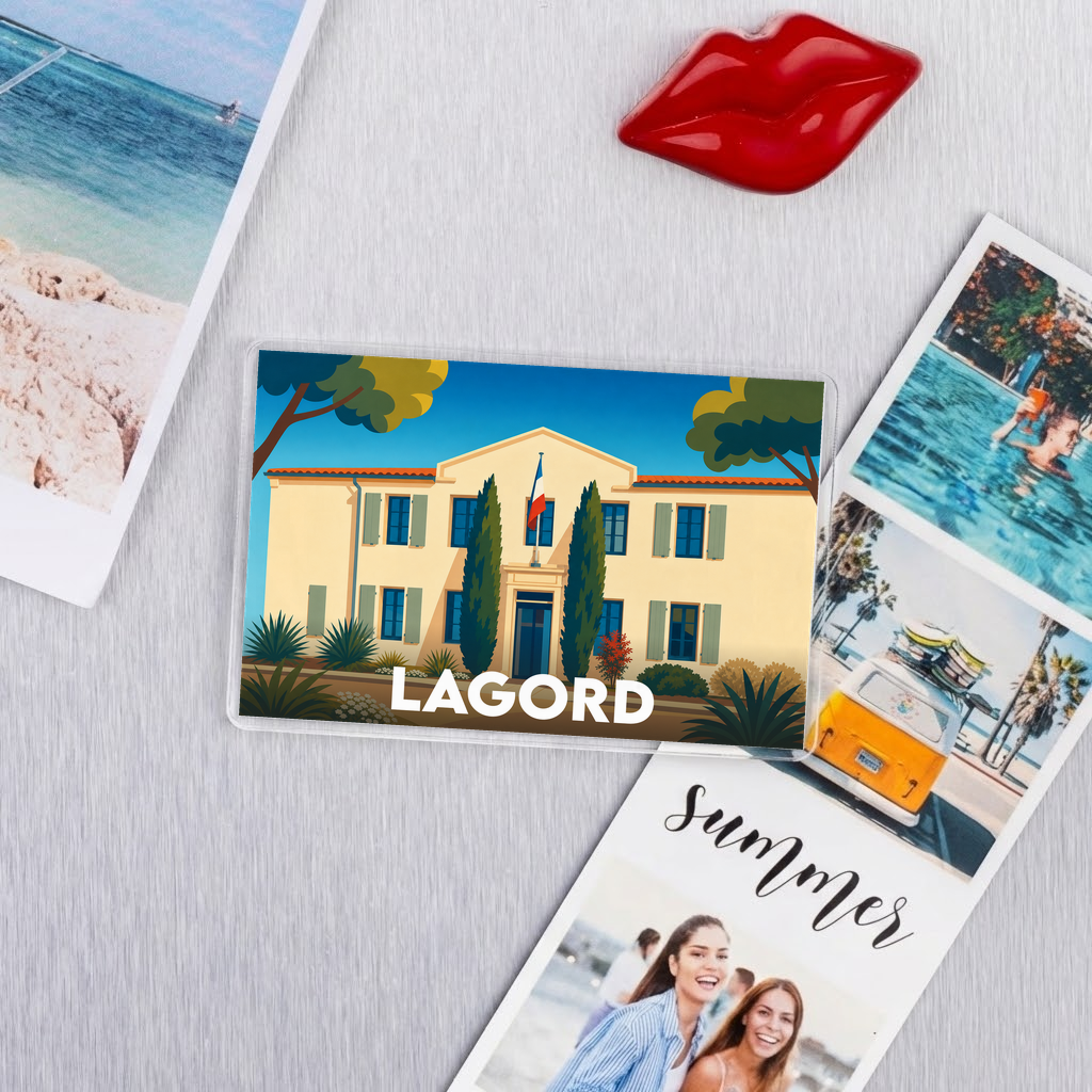 Magnet souvenir de la ville de Lagord avec une illustration stylisée de sa mairie.