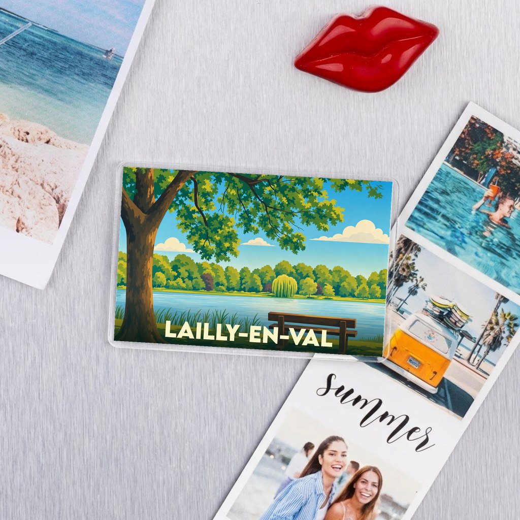Magnet souvenir de la ville de Lailly-en-Val avec une illustration stylisée d'un paysage de bord de Loire.
