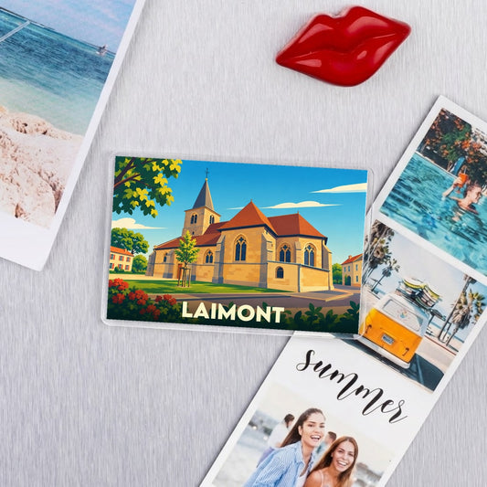 Magnet souvenir de la ville de Laimont avec une illustration stylisée de son église.
