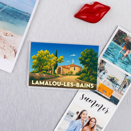Magnet souvenir de la ville de Lamalou-les-Bains avec une illustration stylisée.