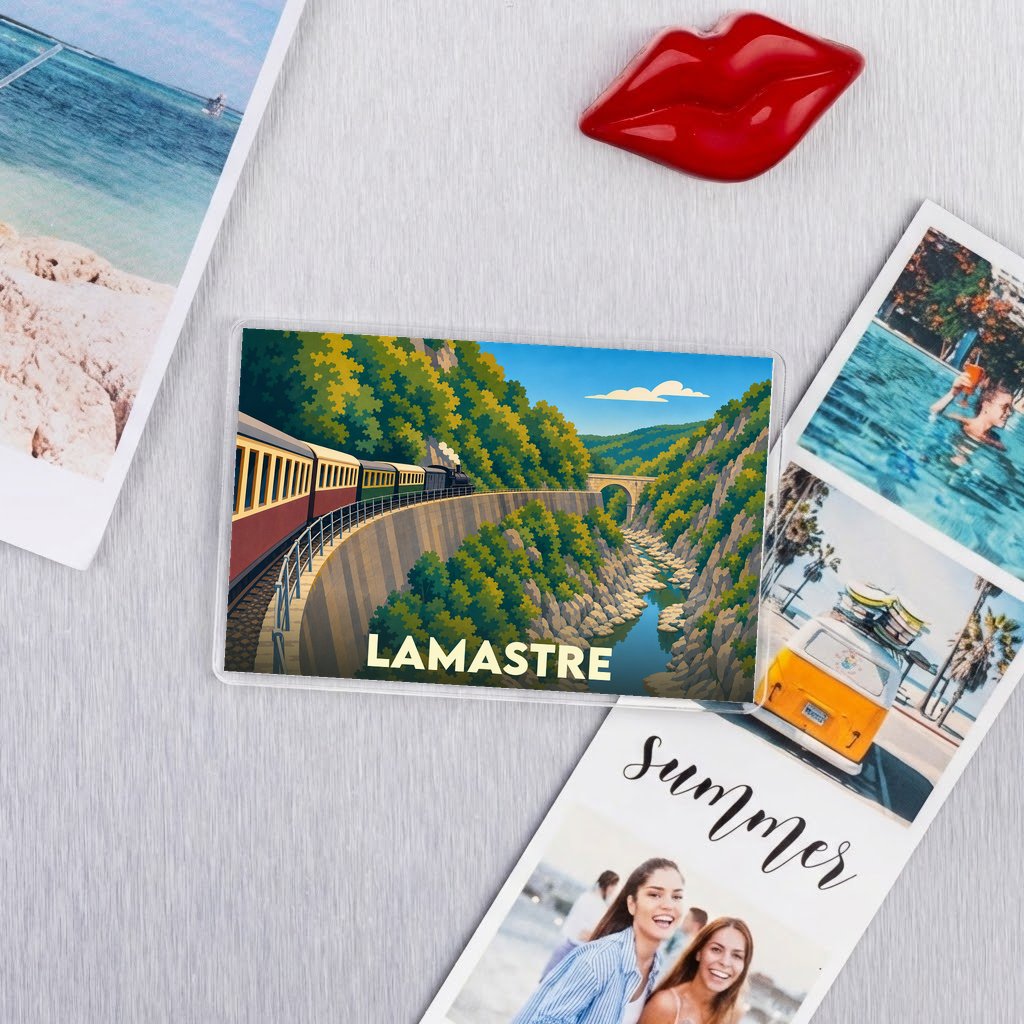 Magnet souvenir de la ville de Lamastre avec une illustration stylisée d'un train traversant un paysage montagneux.