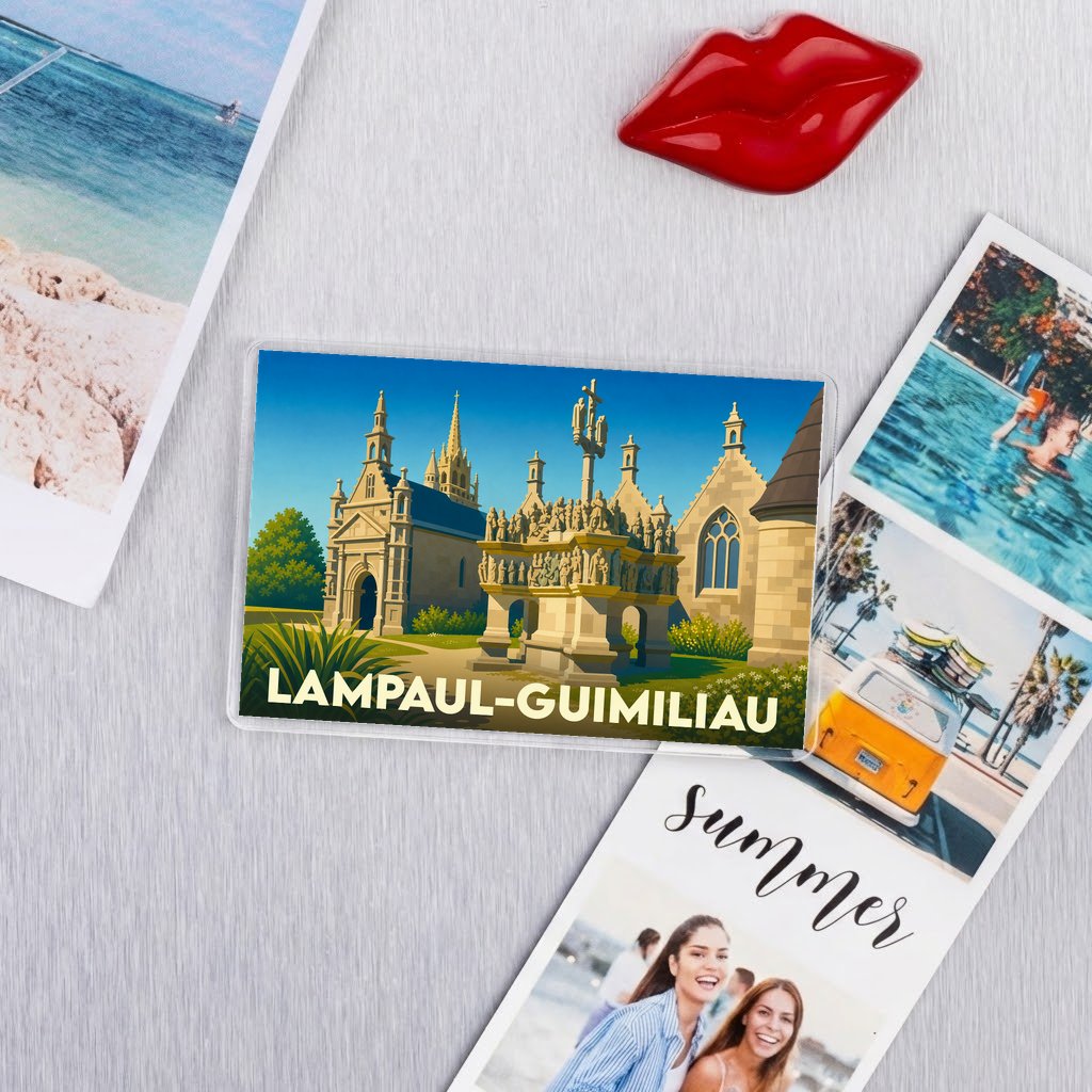 Magnet souvenir de la ville de Lampaul-Guimiliau avec une illustration stylisée de son enclos paroissial.