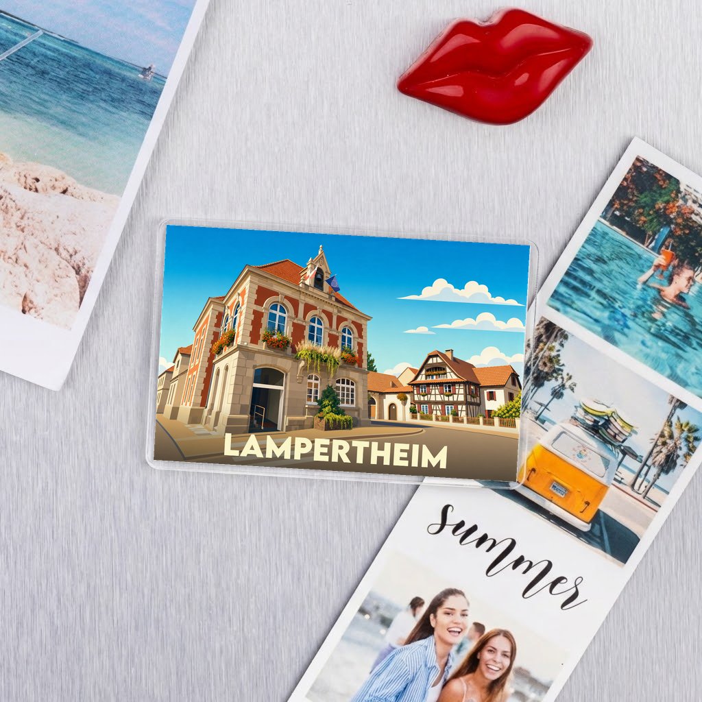 Magnet souvenir de la ville de Lampertheim avec une illustration stylisée d'un bâtiment historique.