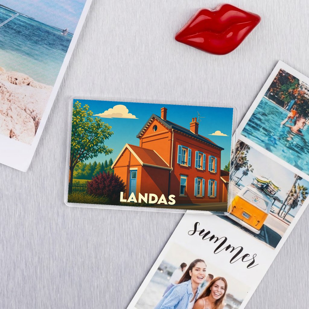 Magnet souvenir de la ville de Landas avec une illustration stylisée d'une maison régionale.
