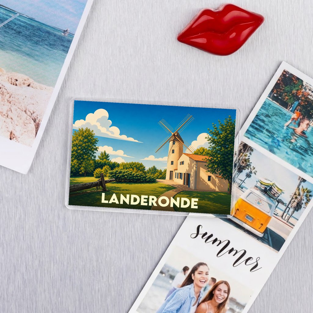 Magnet souvenir de la ville de Landeronde avec une illustration stylisée d'un moulin.
