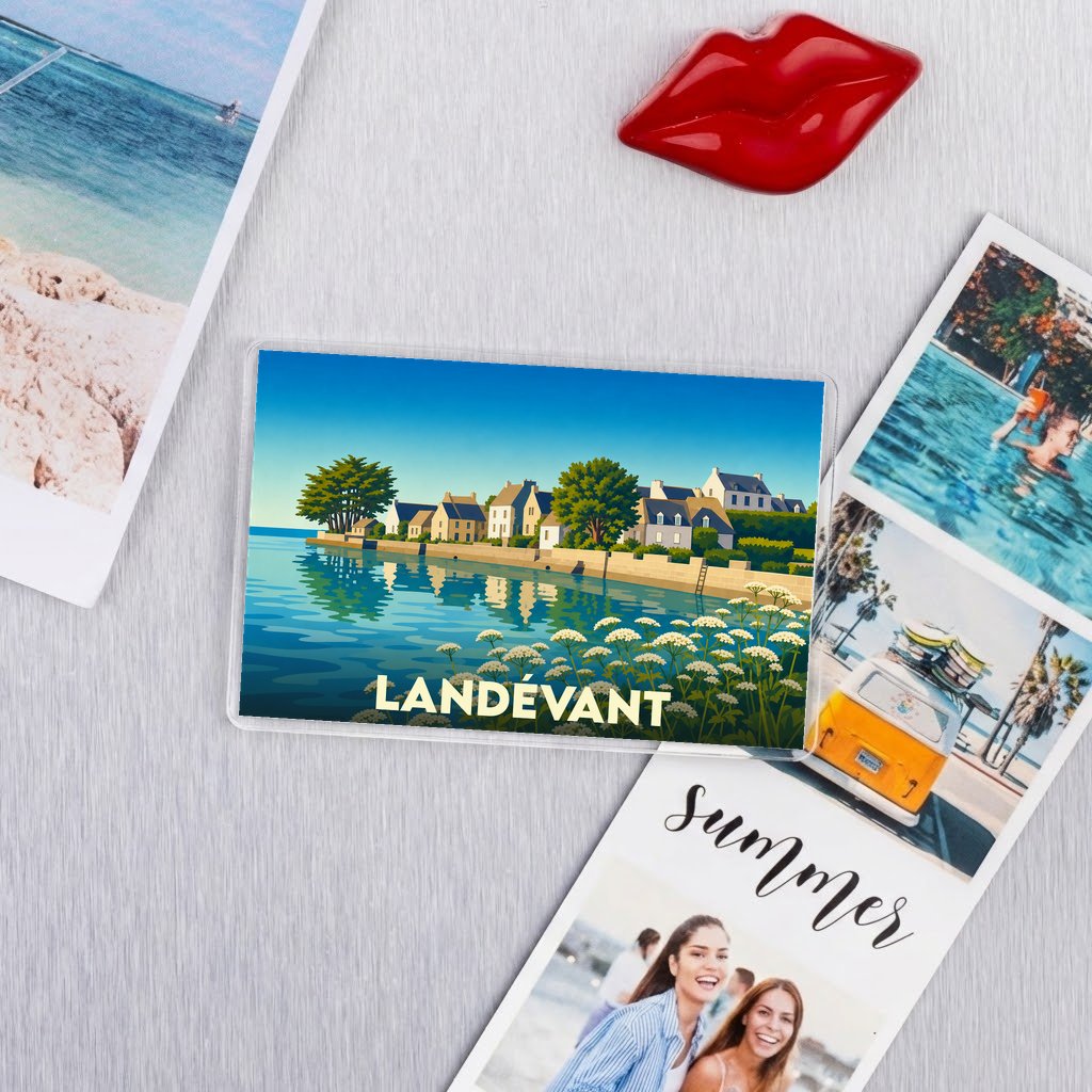 Magnet souvenir de la ville de Landévant avec une illustration stylisée.