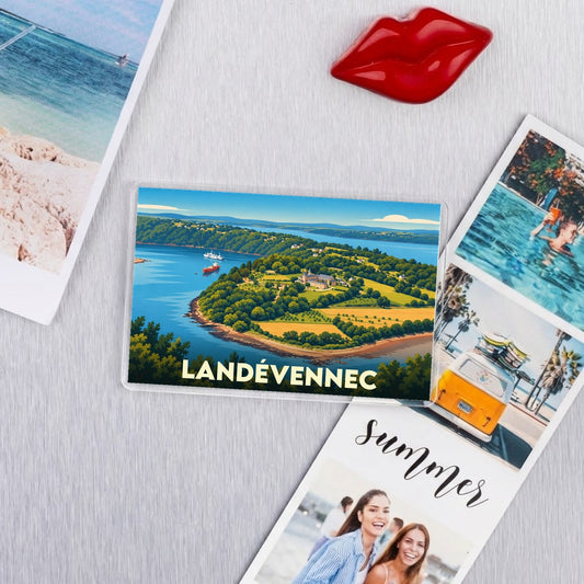 Magnet souvenir de la ville de Landévennec avec une illustration stylisée.