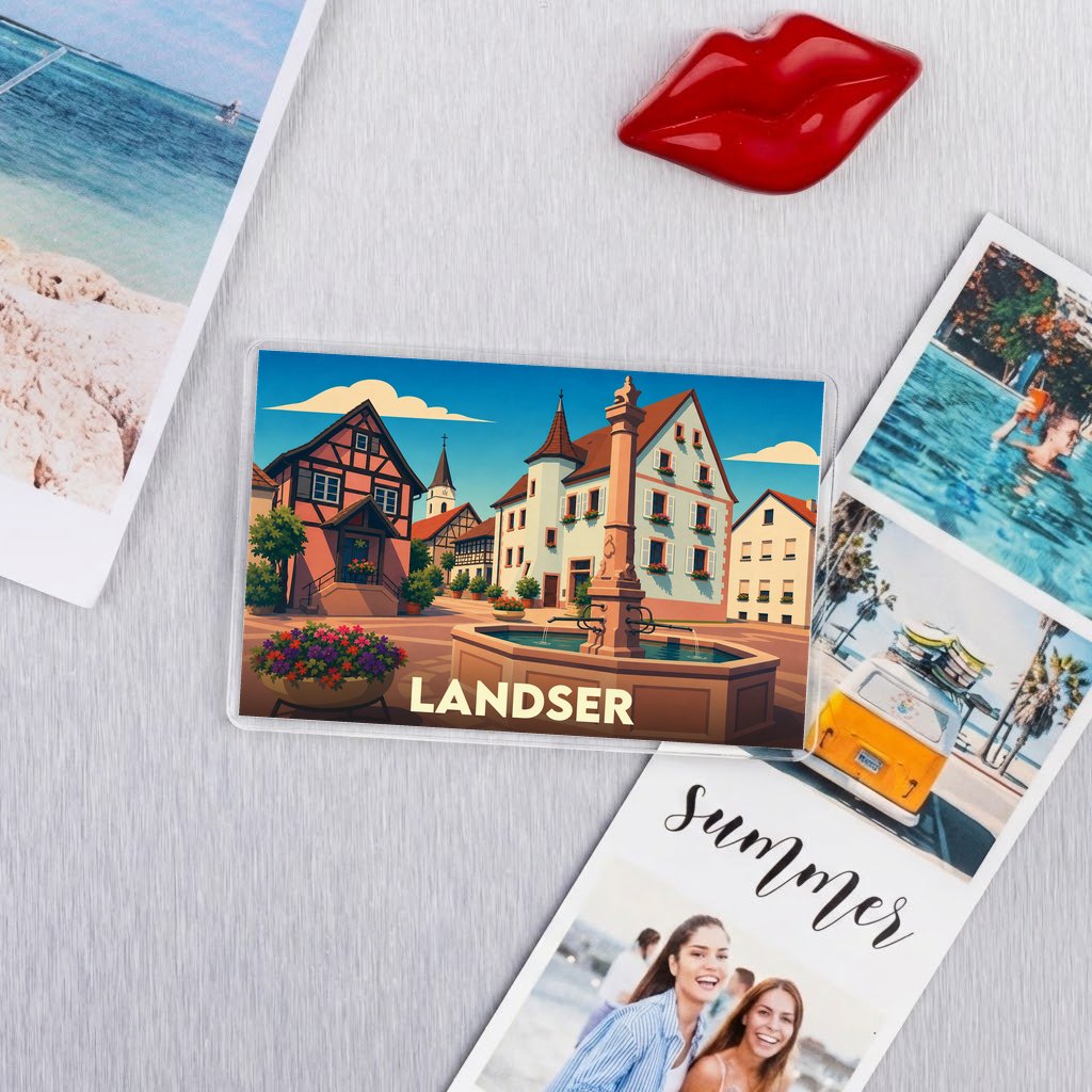 Magnat souvenir de la ville de Landser avec une illustration stylisée.