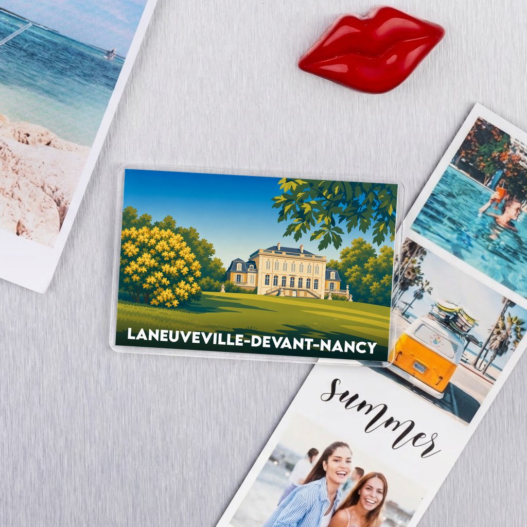 Magnet souvenir de Laneuveville-devant-Nancy avec une illustration stylisée d'un château dans un parc.