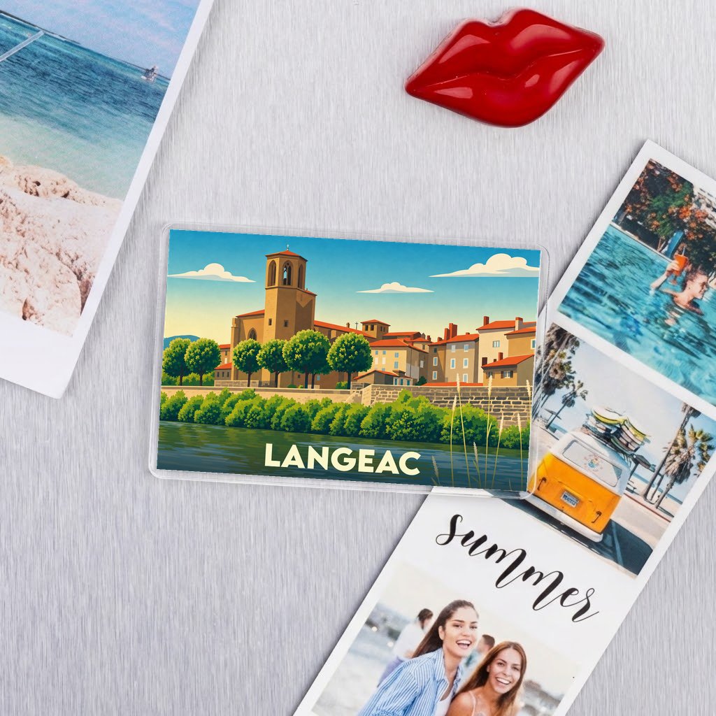 Magnet souvenir de la ville de Langeac avec une illustration stylisée des bords de l'Allier.