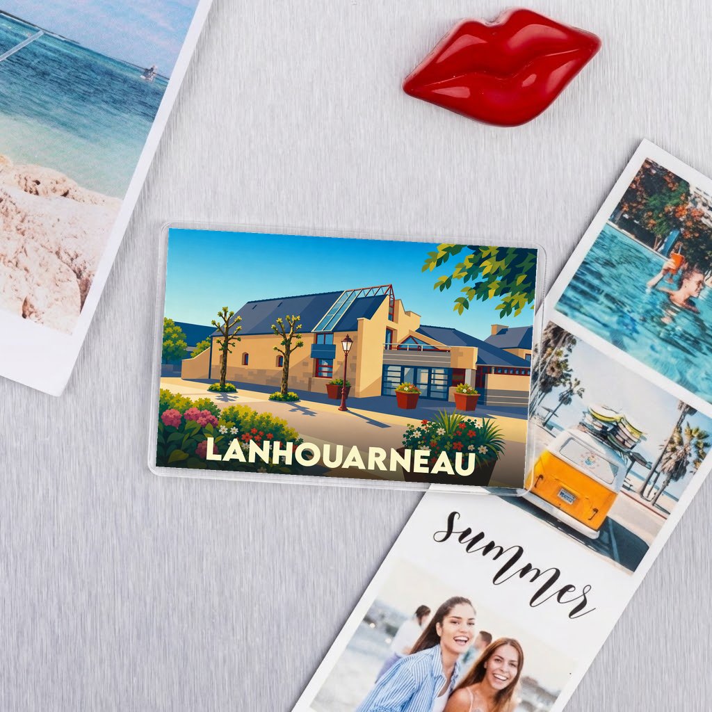 Magnet souvenir de la ville de Lanhouarneau avec une illustration colorée et stylisée.