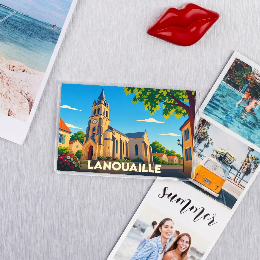 Magnet souvenir de la ville de Lanouaille avec une illustration stylisée de son église sous un ciel bleu.