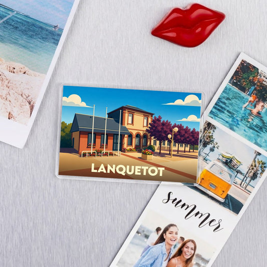Magnet souvenir de la ville de Lanquetot avec une illustration stylisée.