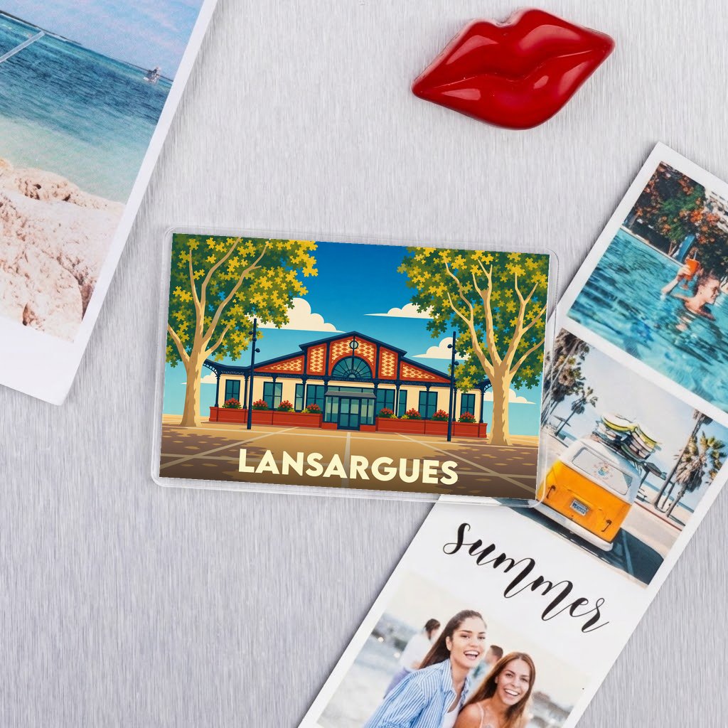 Magnet rectangulaire de la ville de Lansargues arborant une illustration colorée et stylisée de ses arènes.