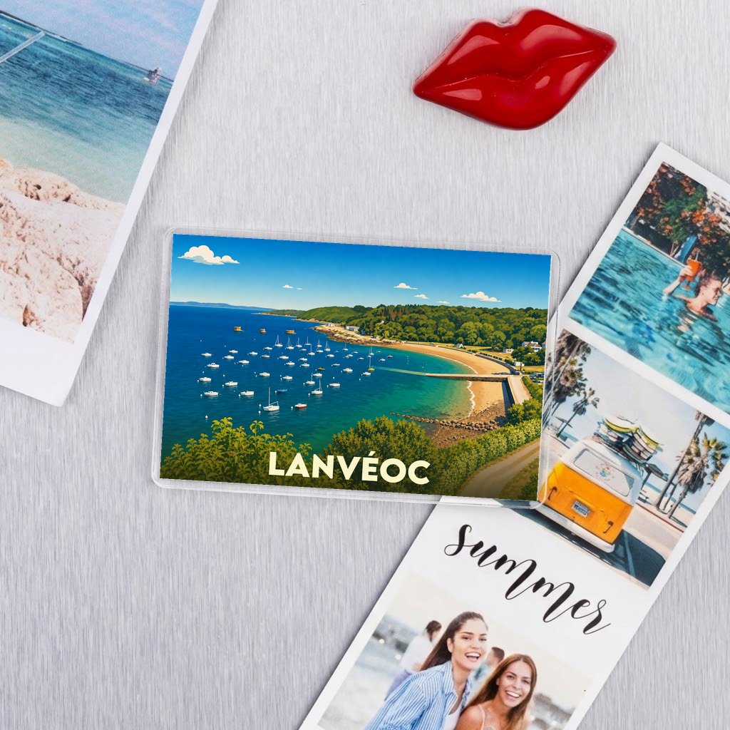 Magnet souvenir de la ville de Lanvéoc avec une illustration stylisée d'un port côtier.