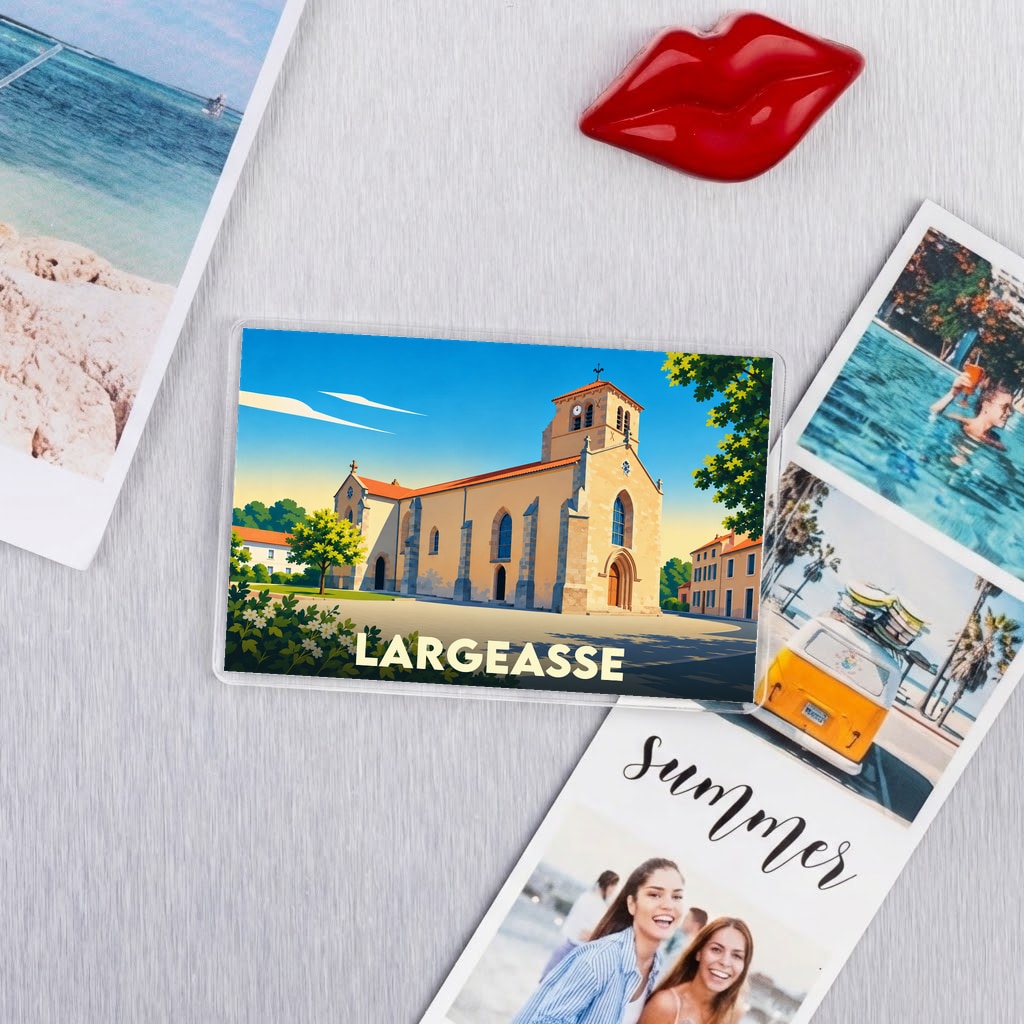 Magnet souvenir de la ville de Largeasse avec une illustration stylisée de son église.